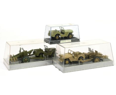 Nacoral (Spain) Military a group of 3 - (1) Jeep with field gun and shells - green. (2) same but drab light khaki green and (