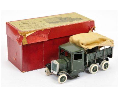 Britains 1332 Army 6-wheeled Covered Lorry - dark green including hubs with painted white tyres, black mudguards cream cloth 