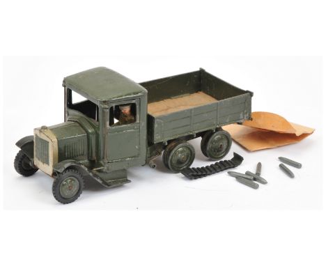 Britains 1335 Army 6-wheeled Tipping Lorry Caterpillar - dark green including hubs and rollers (missing tracks), black mudgua