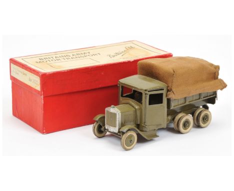 Britains 1332 Army 6-wheeled Covered Lorry - khaki including hubs with white tyres, dark tan cloth canopy, silver square nose