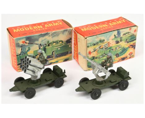 Lone Star Military a pair of gun/battery launcher short&nbsp; trailers (1) green, with silver battery launcher and (2) Pom-Po