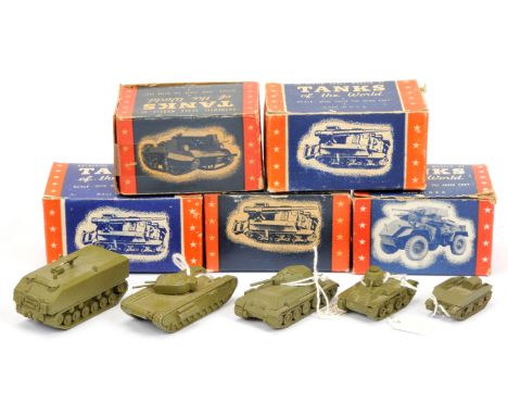 Authenticast diecast Military vehicles group of 5 (1) British Mk. IV Tank, (2) Russian T34 tank, (3) Japan medium tank, (4) L