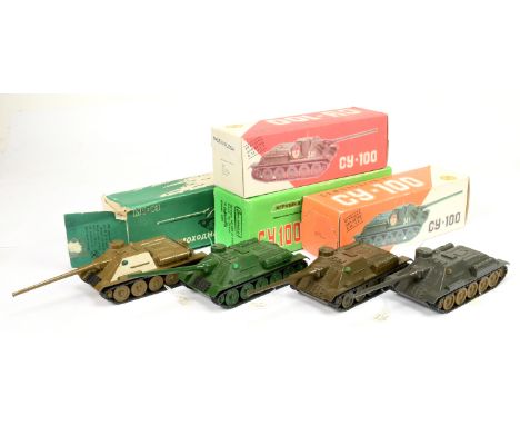 Russian made group of 4 SU100 tanks (1/43rd) - (1) green, (2) dark grey, (3) yucky brown and (4) dark brown - conditions are 