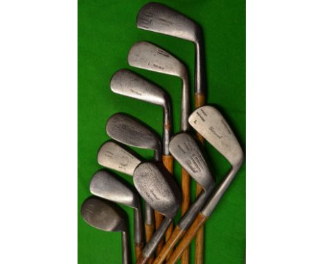 10x assorted golfing irons - Caddie brand mashie; Spalding deep face mashie; Warrior mark niblick; Gibson m/niblick; another 