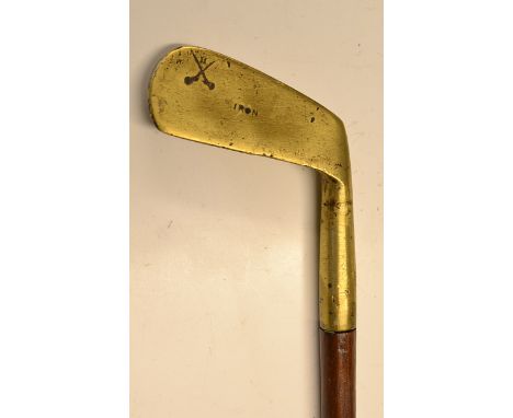 J B Halleys Crossed Sword small brass Iron golf club head Sunday walking stick - refitted with greenheart shaft c/w brass tip