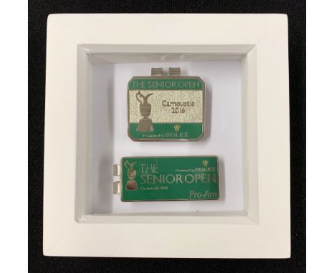 2016 pair of British Senior Open Golf Championship and Pro-Am enamel money clips  - played at Carnoustie and issued to player