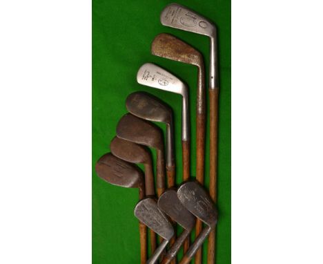 10x assorted irons - Alex Patrick mashie niblick; The Master Mashie; Donaldson Glasgow no. 3 iron; Tom Auchterlonie niblick;J