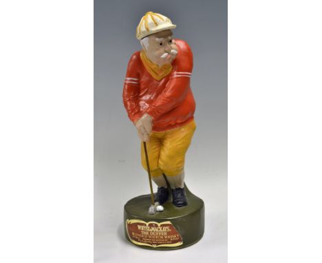 Scarce Whyte &amp; Mackay's Whiskey Ceramic Golfing Figure Bottle c.1970 -  titled "The Duffer" c/w makers original advertisi
