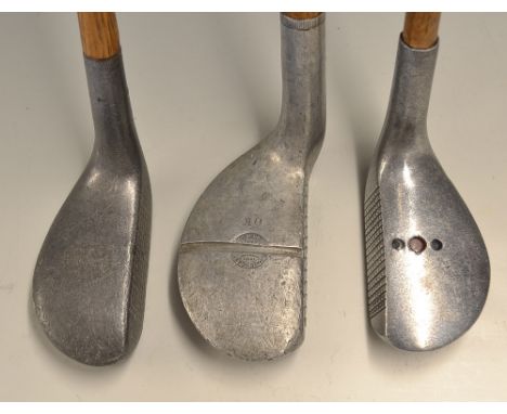 3x interesting alloy putters - Spalding OK oversize offset mallet; left hand Perfect A Model with 3x dot aiming line to the c