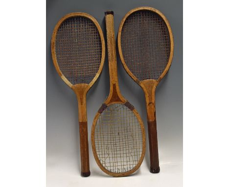 3x Various Wooden Tennis Rackets to include Jaques of London 'The Club- Special' racket marked 13 ½ oz, with convex wedge, a 