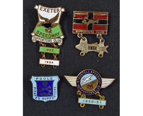 Speedway Enamel Pin Badges to include Yarmouth Speedway Supporters Club with 1951 date bar, Exeter Speedway Supporters Club w