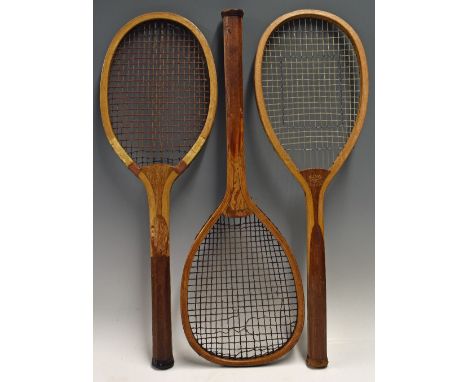 3x Various Wooden Tennis Rackets to include a 'King Albert' marked 'Anon.Mson. J.J. Perry. FF.de Bruyn, Succ' to the convex w