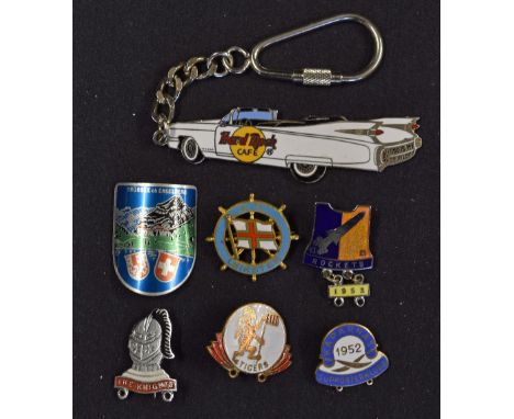 Selection of Mixed Sport Enamel Badges mixed to include Tigers, Rockets with 1953 date bar, M.V. Leinster, The Knights, Kapar