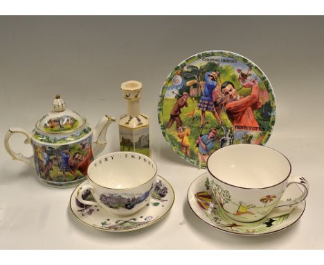 Interesting Collection of Golfing Bone China Tea pot, Plate, Tea Cup and Saucers, and Candle Stick (5) - to incl 2x James Sad