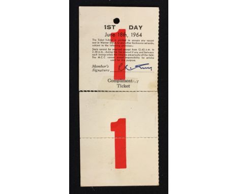 1964 England v Australia Cricket Test Match Ticket for day 1 at Lord's on 18th June.