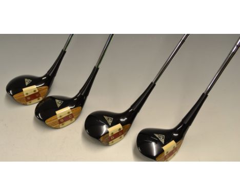 Fine set of Macgregor Tourney Eye-o-matic oiled hardened model persimmon woods c.1955 - No. 1, 2, 3 and 4stamped MT to the cr