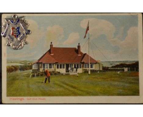 Rare 1906 Hastings and St Leonards Golf Club silver and enamel medal and postcard (2) - hallmarked Birmingham 1906 c/w postca