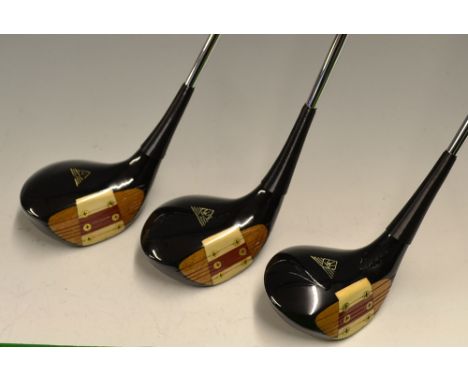 Fine set of Macgregor Tourney Eye-o-matic oiled hardened model persimmon woods c.1955 - No. 1, 2 &amp; 3 stamped MT to the cr