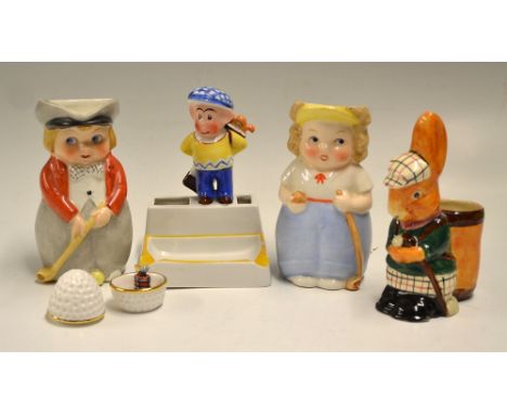 Interesting collection of various golfing ceramic items (5)- to incl Beswick Bunny Golfing figure spill vase 4.75"h pattern 6