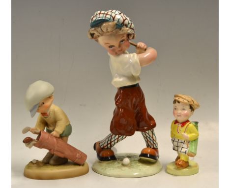 3x Interesting Golfing ceramic figures - Dello Depositato Italy young golfer hans painted and signed to the base by Timano Ga