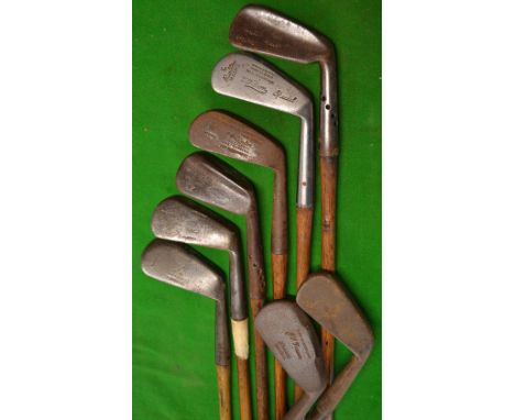 8x mashie golf irons - 2x Maxwell flanged soles, Gibson, W Warburton Cleethorpes with Craigie Rifle cleek mark, J B Halley, J