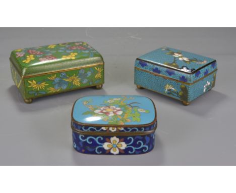 Three Chinese Cloisonné enamel boxes . 9cm, 10cm, 13cm width