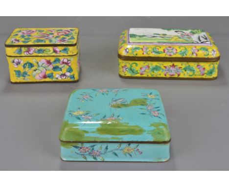 Three Chinese Cantonese enamel boxes. 9cm, 10cm, 13cm width