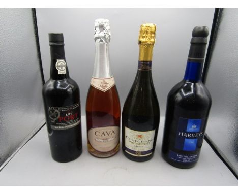 4 bottles alcohol port, prosecco, Harveys Bristol cream, cava