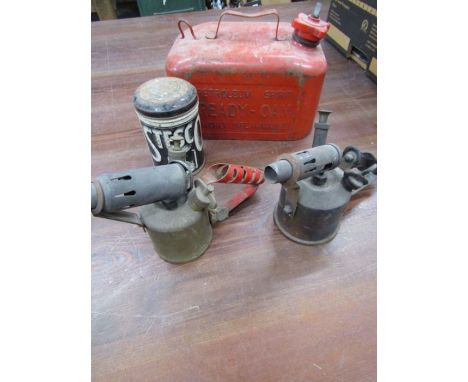 Vintage petrol can, blow torches and pans