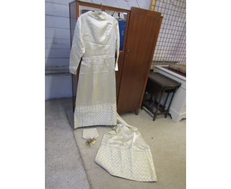 A vintage Zane of London wedding dress with train, includes buttonhole and hand cover