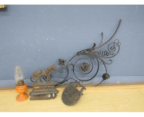 Enamel oil lamp, cast iron horse doorstop and ornate ironwork etc&nbsp;