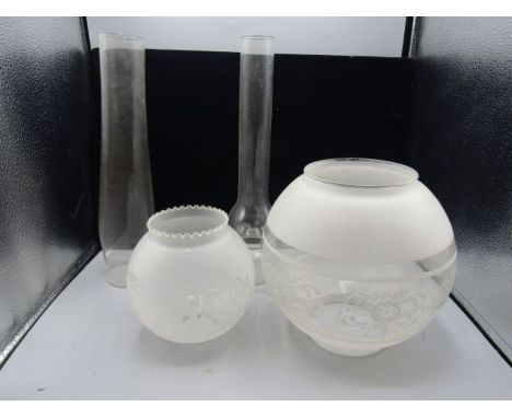 2 oil lamp chimneys and etched shades