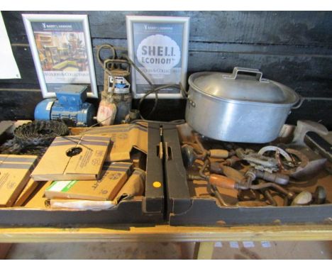 Hand tools, fish kettle, horse shoes, pump, tool chest etc
