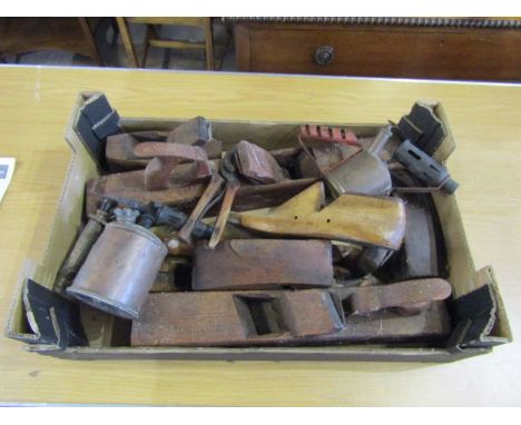 Box of mixed vintage tools including planes, wooden handled snips and blow torches&nbsp;