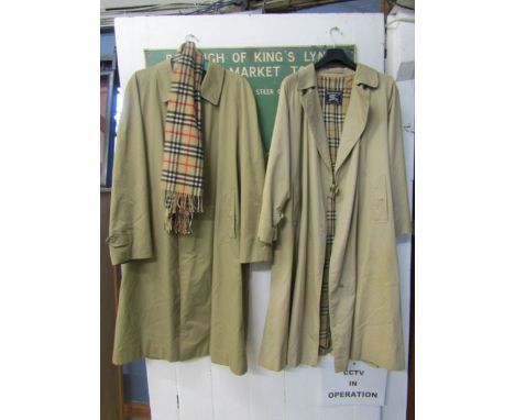 Burberrys coats- 2 mac's and Burberrys scarfThe ladies beige mac (size 18 XL) has a stain to the front to the front and light