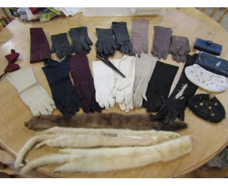 Vintage leather gloves, ladies buttoned gloves, 2 fur stoles, 4 handbags, glove stretchesr etc