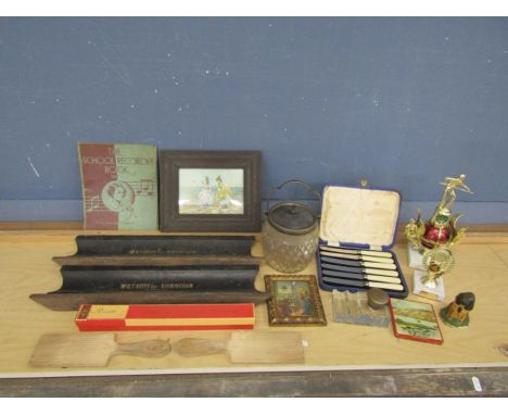 Collectors lot to include recorder in box, W.T Avery LTD of Birmingham wooden plinths and glass ink well