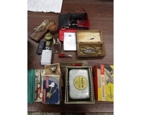 Vintage barber accessories, glasses and case, hip flask cigarette case etc