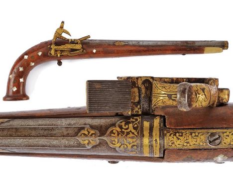 dating: circa 1800 provenance: Turkey, Fine, smooth-bore, round, 18 mm cal. barrel, in fine damask, decorated with floral mot