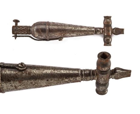 dating: 17th Century provenance: Brescia, Completely in iron. Cylindrical fuse with twisted carving, external spring-latch, s