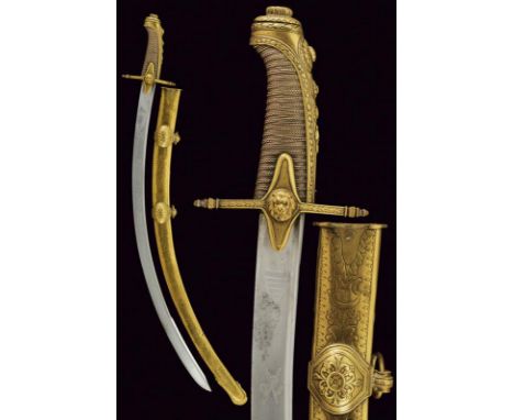 dating: 1830 - 1848 provenance: France, Fine, curved, single-and false-edged blade with 'T'-back, in fine damask, decorated w