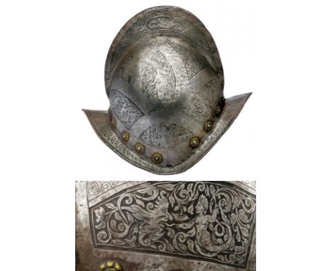 dating: Late 16th Century provenance: Hannover, Iron skull in one piece, with low comb, decorated with braided bands on both 