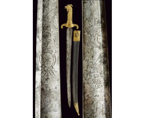 dating: Early 19th Century provenance: France, Wide, slightly curved, single-and false-edged blade, with large, central fulle