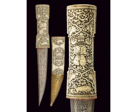 dating: 1900 provenance: Persia, Flat, curved, double-edged blade decorated with floral and geometrical motifs in silver, bas