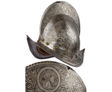dating: 16th Century provenance: Italy, In iron, the skull in one piece with medium-high comb and twisted border, brim with g