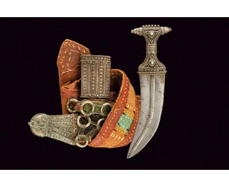 dating: circa 1900 provenance: Yemen, Large, curved, double-edged blade with central raiser. Grip covered with silver foil, r