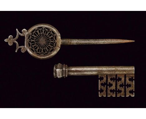 dating: 19th Century provenance: Italy, In iron, circular grip, richly pierced inside with geometrical motifs, four-plated, c