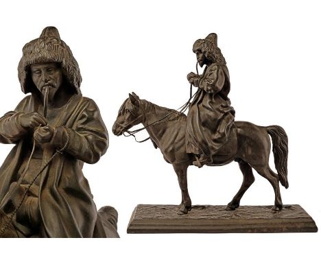 dating: 1872 - 1917 provenance: Russia, Fine, equestrian, in-the-round, iron sculpture portraying a Kirghiz on horseback inte