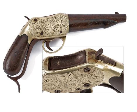 dating: about 1870 provenance: Turkey, Round, rifled, 11 mm cal. barrel, with fore-sight; brass frame engraved with floral mo