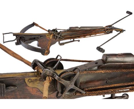 dating: 17th/18th Century provenance: Flanders, Wooden tiller. Brass flight groove of the arrow. Iron bow, mounts and stirrup